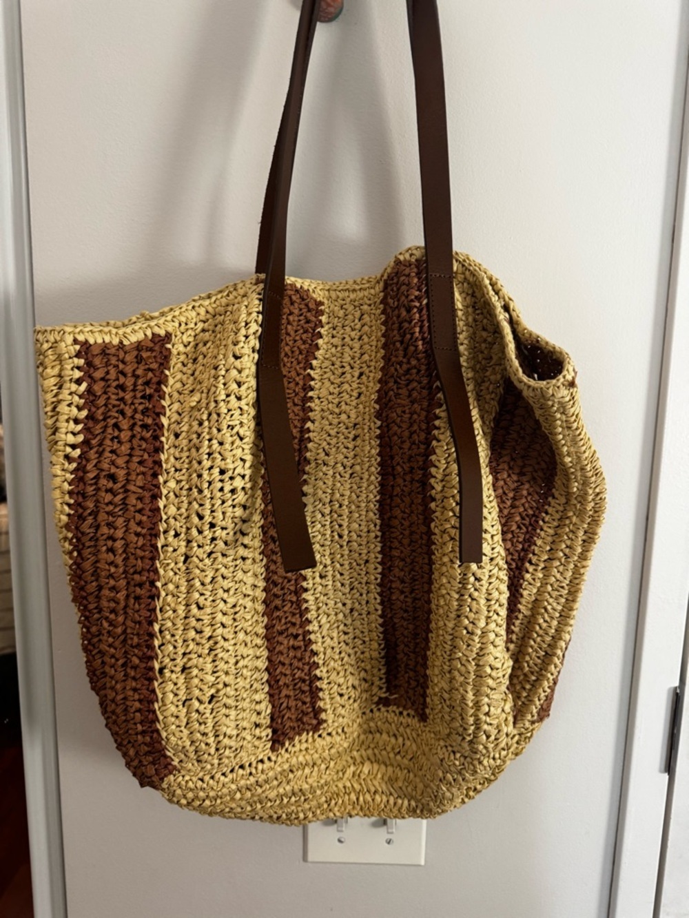 J. Jill Handwoven Striped Straw‎ Tote Leather Handles Cream Brown - Picture 2 of 6